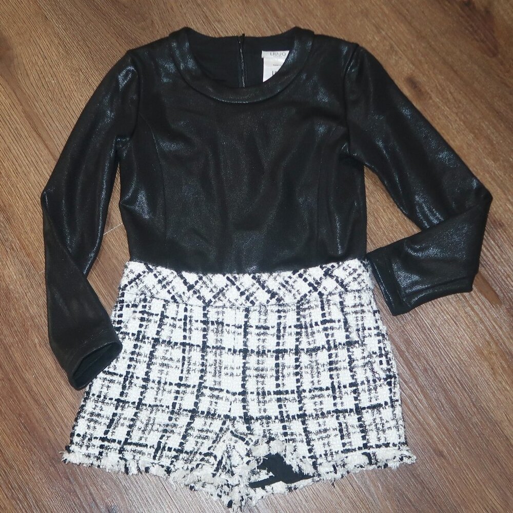 Girls Liu Jo Milano Black White Sparkly Tweed Shorts Faux Leather Romper Suit 8